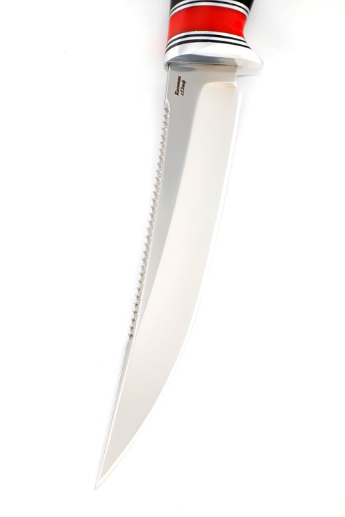 Нож Белуга сталь кованая Х12МФ рукоять вставка акрил красный, черный граб, ФОРМОВАННЫЕ НОЖНЫ 