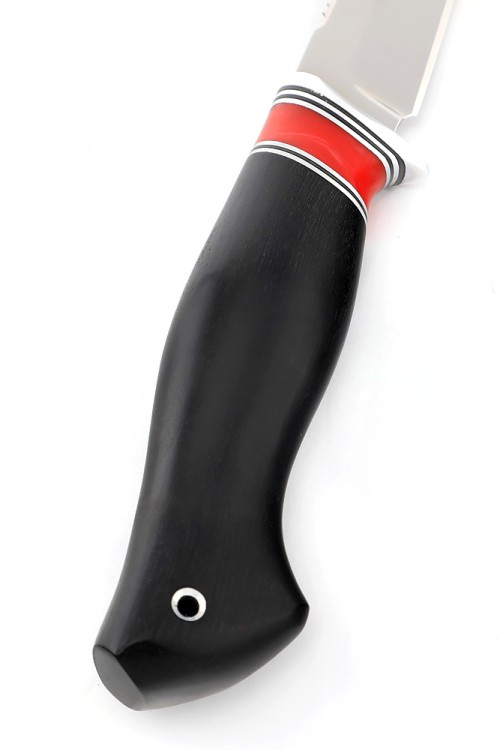 Нож Белуга сталь кованая Х12МФ рукоять вставка акрил красный, черный граб, ФОРМОВАННЫЕ НОЖНЫ 