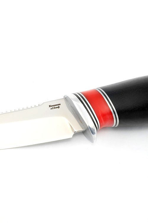 Нож Белуга сталь кованая Х12МФ рукоять вставка акрил красный, черный граб, ФОРМОВАННЫЕ НОЖНЫ 