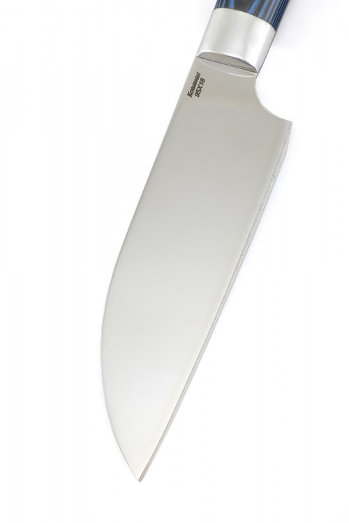 Кухонный нож Сантоку малый кованая сталь 95x18 рукоять G10 синяя ц/м 