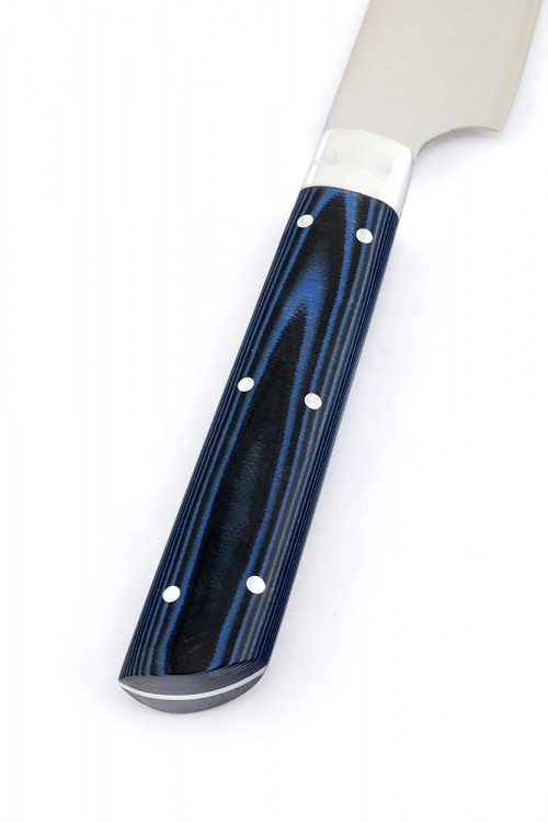 Кухонный нож Сантоку малый кованая сталь 95x18 рукоять G10 синяя ц/м 