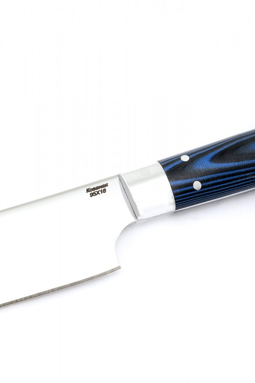 Кухонный нож Сантоку малый кованая сталь 95x18 рукоять G10 синяя ц/м 