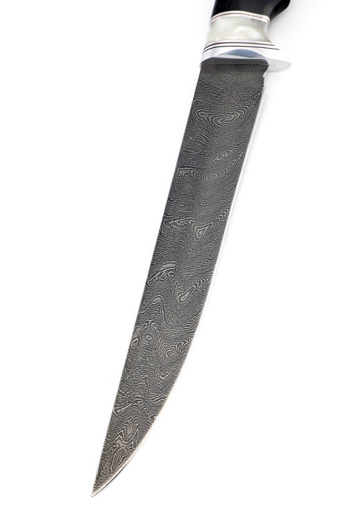 Нож Филейный средний сталь дамаск рукоять вставка акрил белый, черный граб 