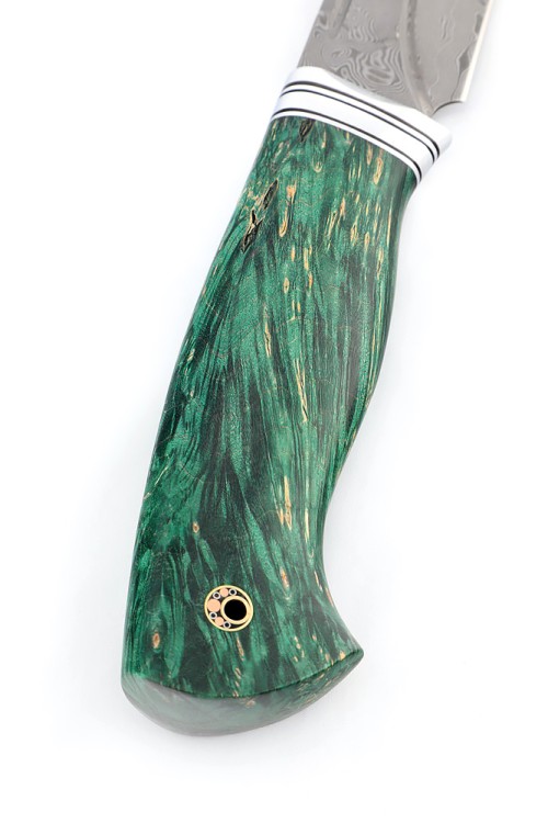 Нож Берсерк сталь нержавеющий дамаск фигурные долы рукоять кап клена зеленый 