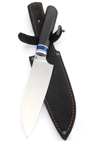 Кухонный нож Сантоку средний кованая сталь 95х18 рукоять вставка акрил синий, черный граб