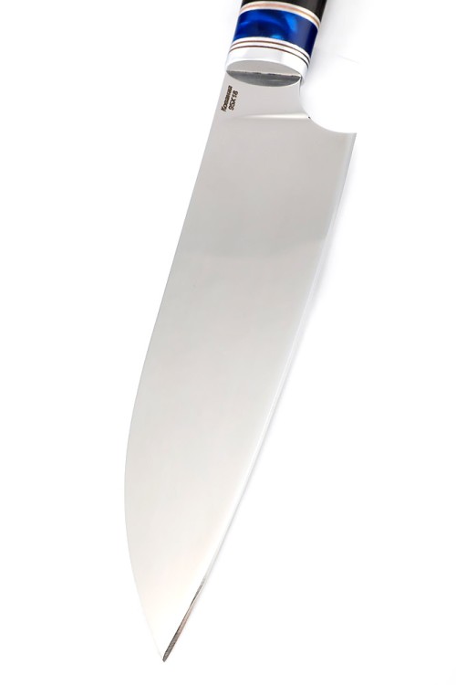 Кухонный нож Сантоку средний кованая сталь 95х18 рукоять вставка акрил синий, черный граб 