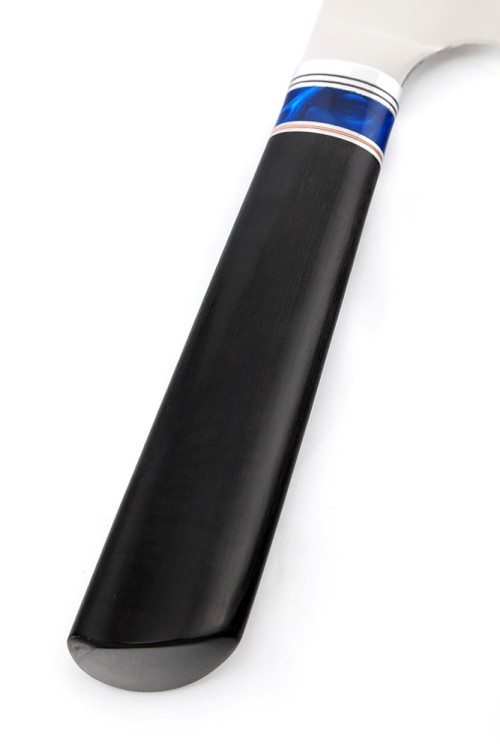 Кухонный нож Сантоку средний кованая сталь 95х18 рукоять вставка акрил синий, черный граб 