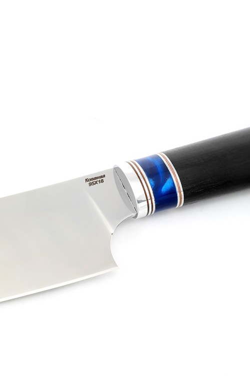 Кухонный нож Сантоку средний кованая сталь 95х18 рукоять вставка акрил синий, черный граб 