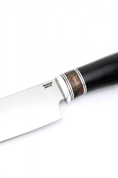 Кухонный нож Сантоку малый кованая сталь 95x18 рукоять бубинга, фибра, черный граб 