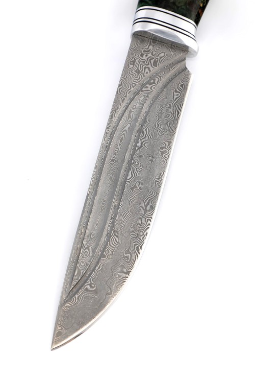 Нож Буран сталь нержавеющий дамаск фигурные долы, рукоять кап клена черный 