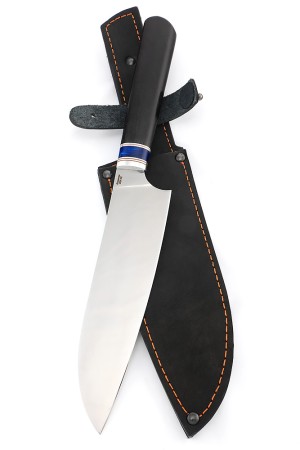 Кухонный нож Сантоку большой кованая сталь 95х18 рукоять вставка акрил синий, черный граб