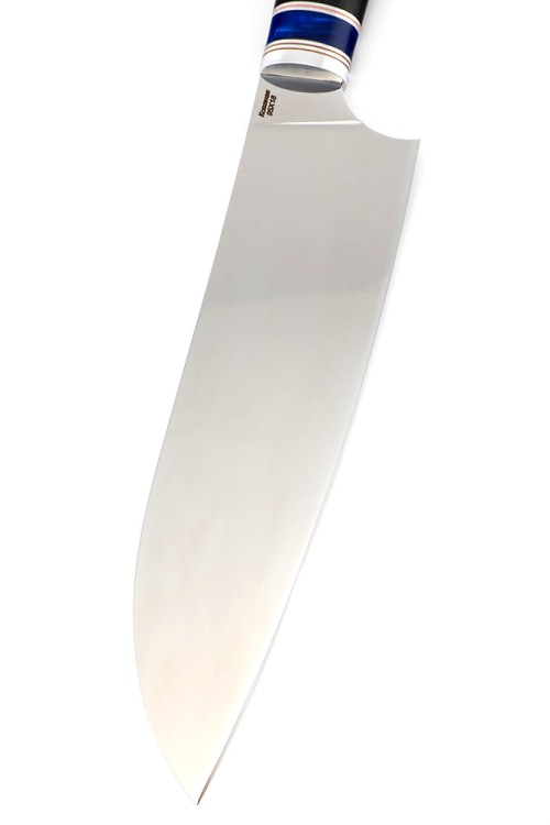 Кухонный нож Сантоку большой кованая сталь 95х18 рукоять вставка акрил синий, черный граб 