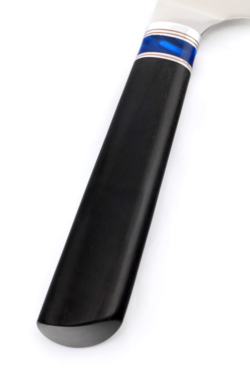 Кухонный нож Сантоку большой кованая сталь 95х18 рукоять вставка акрил синий, черный граб 