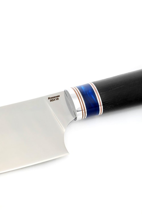 Кухонный нож Сантоку большой кованая сталь 95х18 рукоять вставка акрил синий, черный граб 