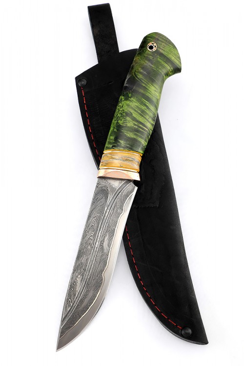 Нож Лось 9ХС ламинированная дамаск с никелем рукоять мокуме-гане стабилизированный зуб мамонта карельская береза зеленая 
