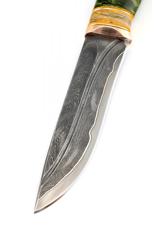 Нож Лось 9ХС ламинированная дамаск с никелем рукоять мокуме-гане стабилизированный зуб мамонта карельская береза зеленая 