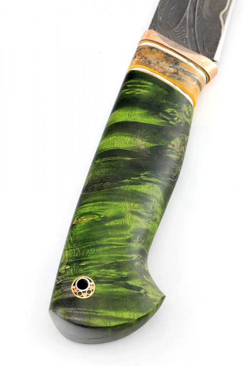 Нож Лось 9ХС ламинированная дамаск с никелем рукоять мокуме-гане стабилизированный зуб мамонта карельская береза зеленая 