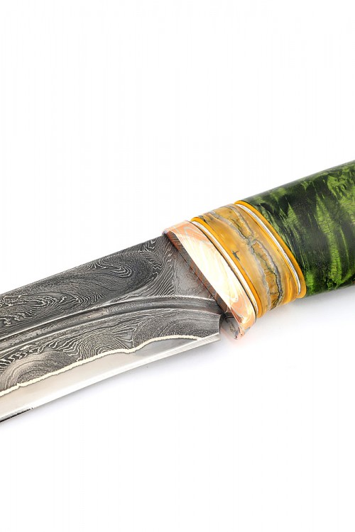 Нож Лось 9ХС ламинированная дамаск с никелем рукоять мокуме-гане стабилизированный зуб мамонта карельская береза зеленая 