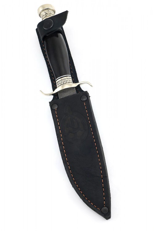 Нож Классика сталь дамаск рукоять мельхиор, чёрный граб 