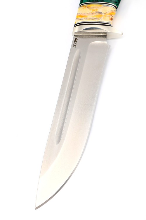Нож Лось сталь S390 рукоять мельхиор, вставка зуб мамонта, кап клена зеленый 