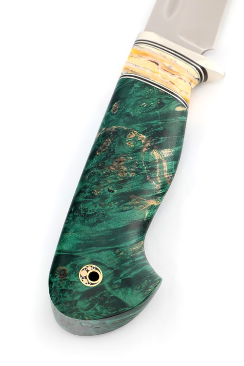 Нож Лось сталь S390 рукоять мельхиор, вставка зуб мамонта, кап клена зеленый 