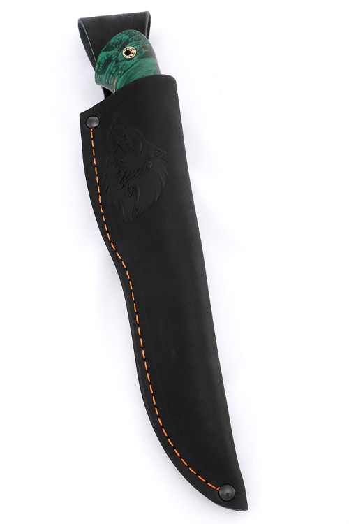 Нож Лось сталь S390 рукоять мельхиор, вставка зуб мамонта, кап клена зеленый 