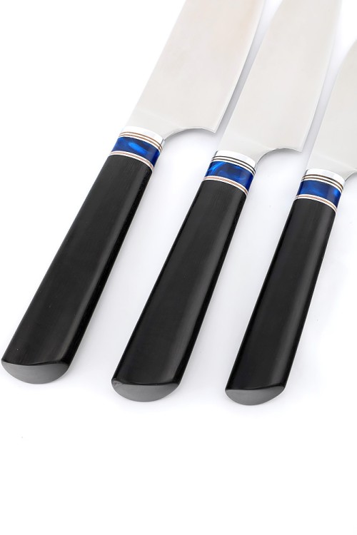 Комплект из 3-х кухонный ножей Сантоку кованая сталь 95х18 рукоять вставка акрил синий, черный граб 