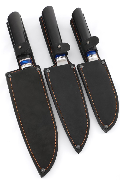 Комплект из 3-х кухонный ножей Сантоку кованая сталь 95х18 рукоять вставка акрил синий, черный граб 