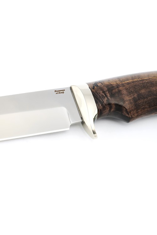 Нож Волк сталь кованая Х12МФ рукоять мельхиор карельская береза коричневая 