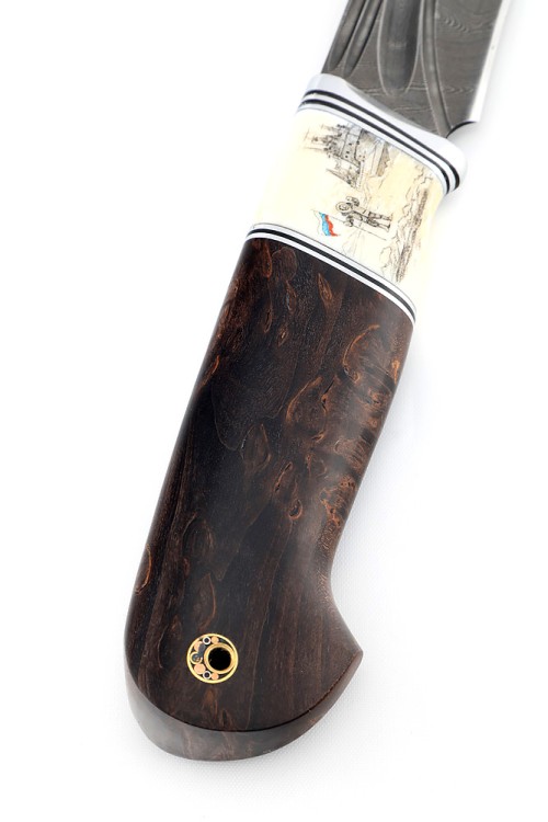 Нож Лось сталь дамаск фигурные долы рукоять вставка бивень моржа (скримшоу) карельская береза коричневая 