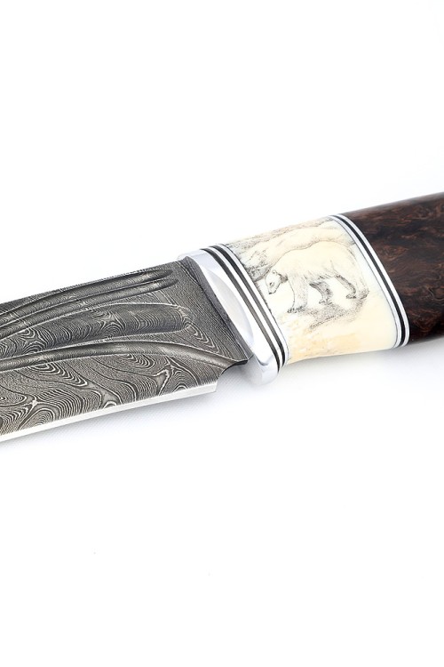 Нож Лось сталь дамаск фигурные долы рукоять вставка бивень моржа (скримшоу) карельская береза коричневая 