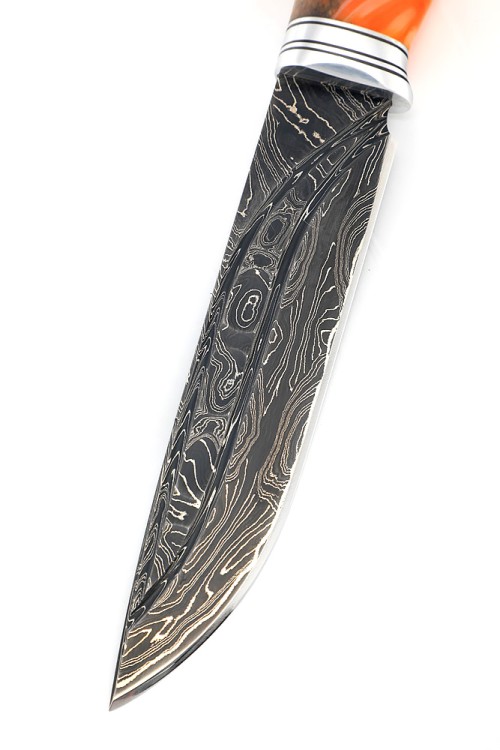 Нож Буран 9ХС ламинированная дамаск с никелем фигурные долы-камень, рукоять комбинированный кап клена, акрил 