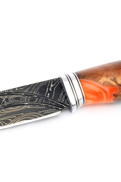 Нож Буран 9ХС ламинированная дамаск с никелем фигурные долы-камень, рукоять комбинированный кап клена, акрил 