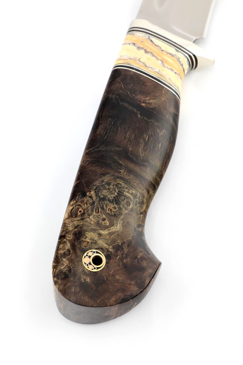 Нож Лось сталь S390 рукоять мельхиор, вставка зуб мамонта, кап клена коричневый 