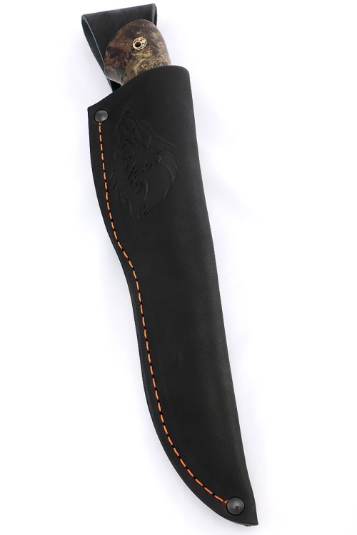 Нож Лось сталь S390 рукоять мельхиор, вставка зуб мамонта, кап клена коричневый 