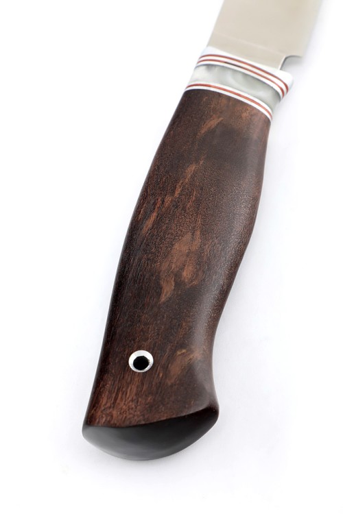 Нож Перун сталь кованая 95Х18 рукоять вставка акрил белый карельская береза коричневая 