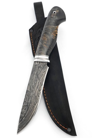 Нож Лось 9ХС ламинированная дамаск с никелем, фигурные долы-камень, рукоять кап клена черный