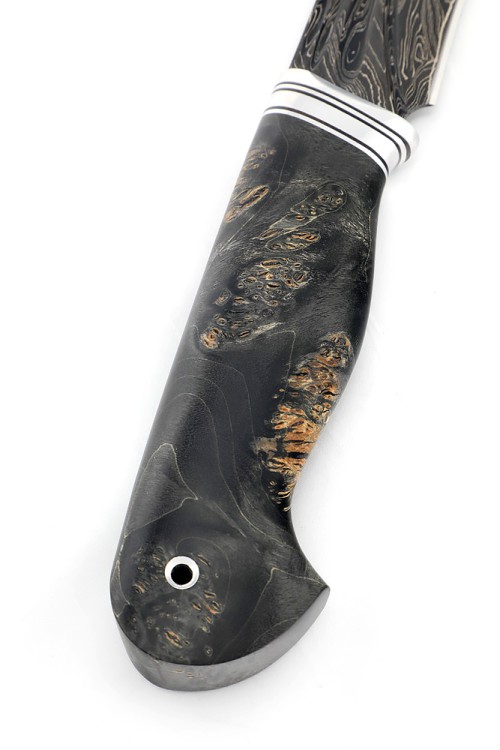 Нож Лось 9ХС ламинированная дамаск с никелем, фигурные долы-камень, рукоять кап клена черный 