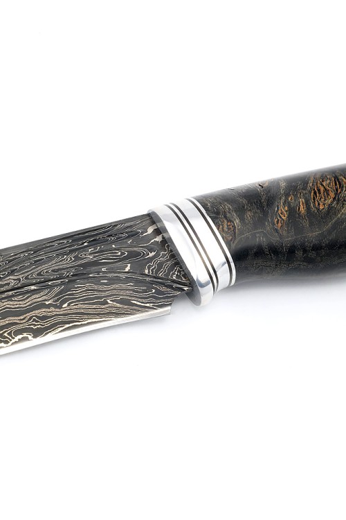 Нож Лось 9ХС ламинированная дамаск с никелем, фигурные долы-камень, рукоять кап клена черный 