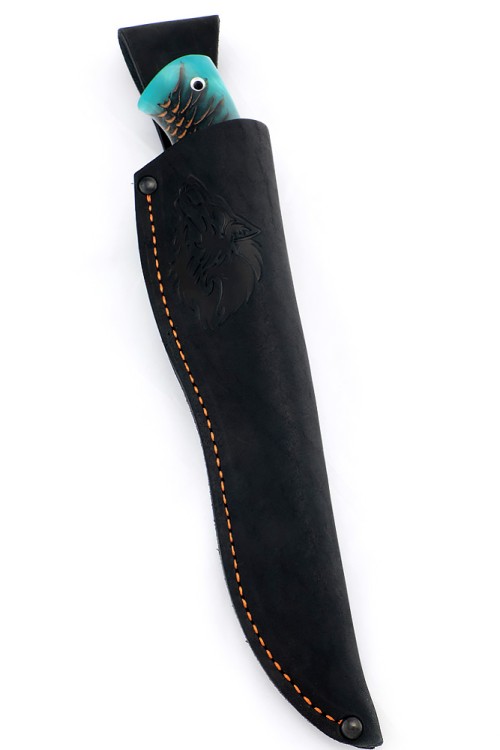 Нож Берсерк дамаск ламинированный, фигурные долы, рукоять шишка в акриле зеленая 