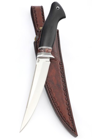 Нож Белуга сталь кованая Х12МФ рукоять вставка акрил коричневый, черный граб, формованные ножны