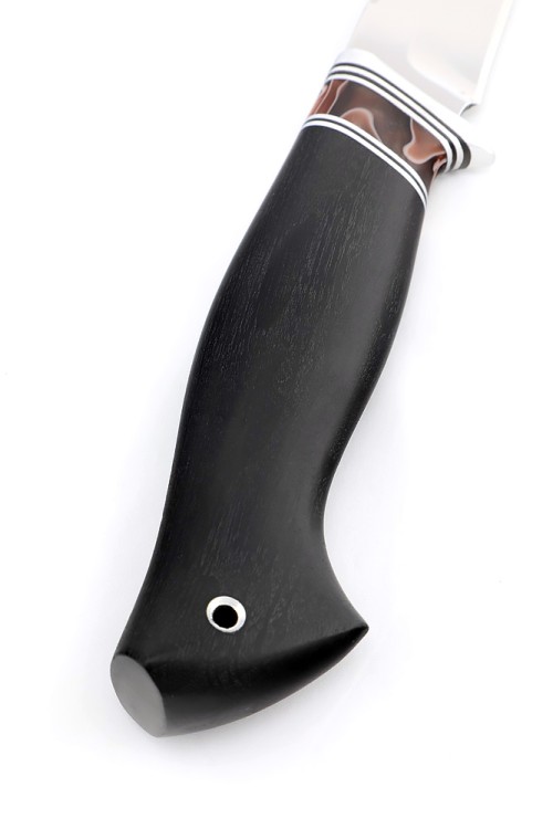 Нож Белуга сталь кованая Х12МФ рукоять вставка акрил коричневый, черный граб, формованные ножны 