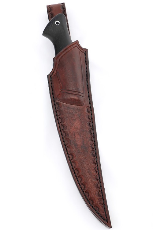 Нож Белуга сталь кованая Х12МФ рукоять вставка акрил коричневый, черный граб, формованные ножны 