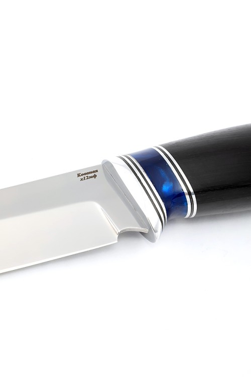 Нож Хантер сталь кованая Х12МФ рукоять вставка акрил синий, черный граб 