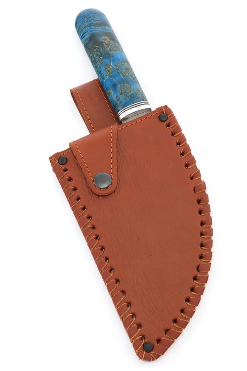 Нож Сербский сталь дамаск полный камень, рукоять кап клена синий 