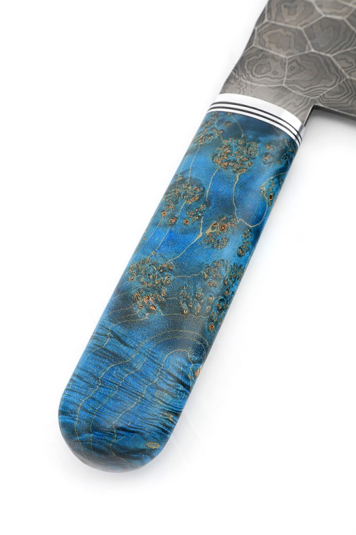 Нож Сербский сталь дамаск полный камень, рукоять кап клена синий 