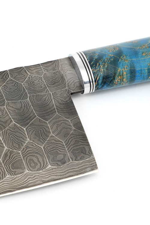 Нож Сербский сталь дамаск полный камень, рукоять кап клена синий 