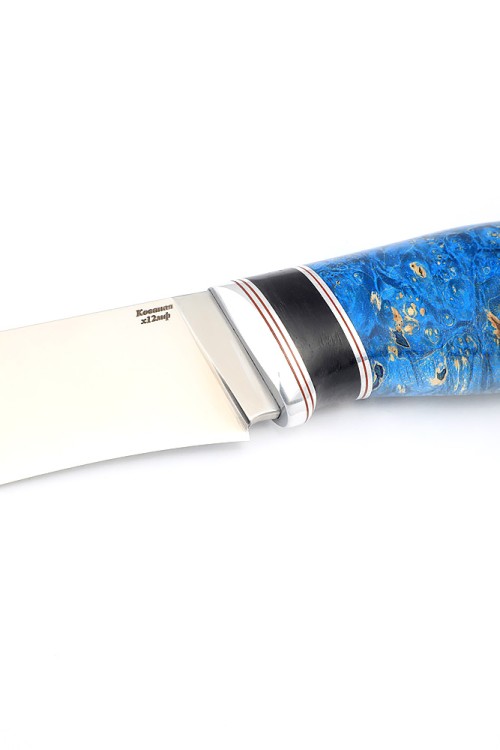 Нож Барс сталь кованая Х12МФ рукоять вставка черный граб, кап клена синий 