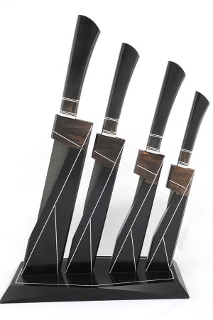 Подставка из черного граба+карельская береза с набором из 4 ножей (булат, черный граб+карельская береза)