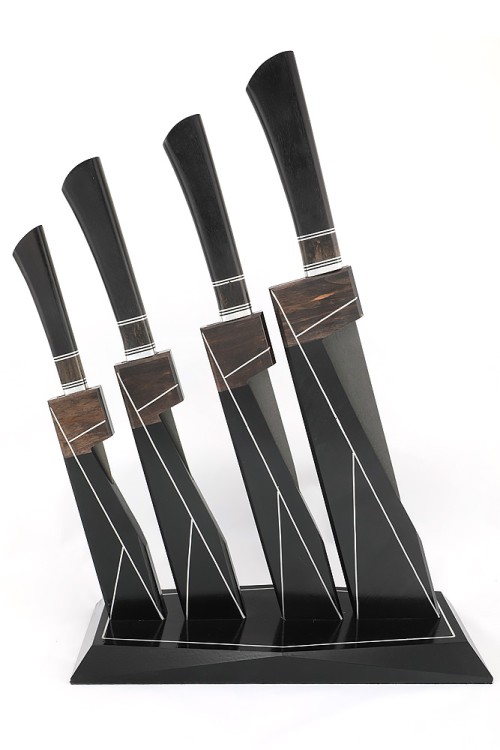 Подставка из черного граба+карельская береза с набором из 4 ножей (булат, черный граб+карельская береза) 